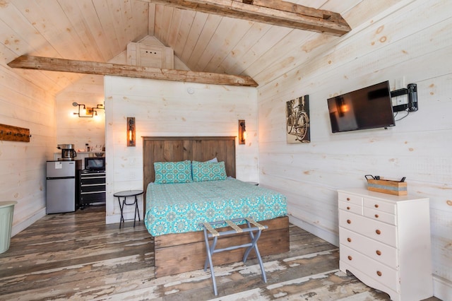 2342 Main St, Rangeley, ME 04970 - bedroom with freestanding refrigerator, wooden walls, wooden ceiling, and wood finished floors