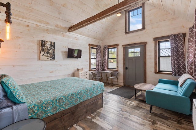 2342 Main St, Rangeley, ME 04970 - bedroom featuring wooden walls, hardwood / wood-style flooring, wooden ceiling, and beam ceiling