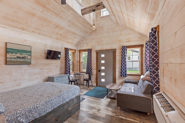 2342 Main St, Rangeley, ME 04970 - bedroom featuring wood walls, wooden ceiling, wood finished floors, lofted ceiling, and access to exterior