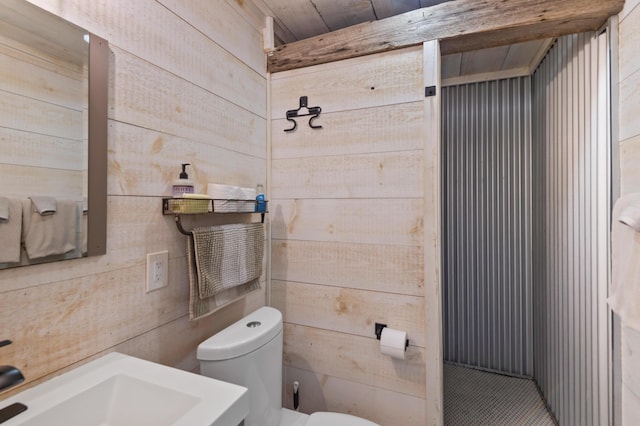 2342 Main St, Rangeley, ME 04970 - bathroom featuring toilet, wood walls, and a sink