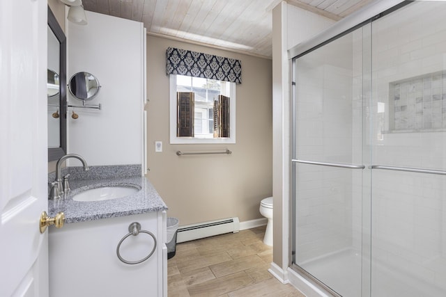 bathroom featuring vanity, a shower stall, toilet, and a baseboard radiator