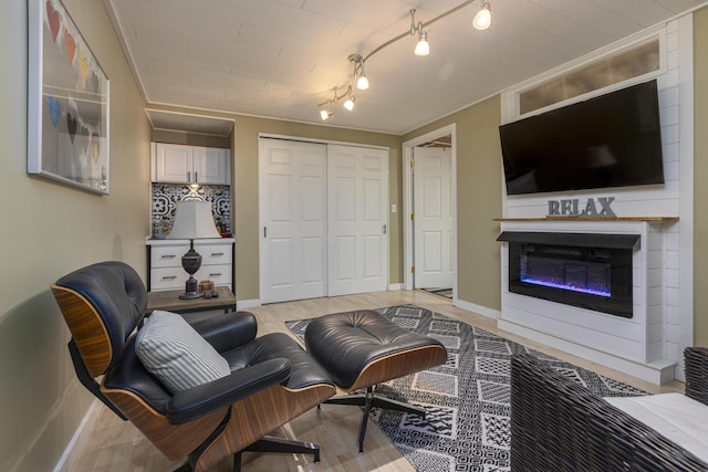 living room featuring light wood-type flooring, baseboards, and a glass covered fireplace