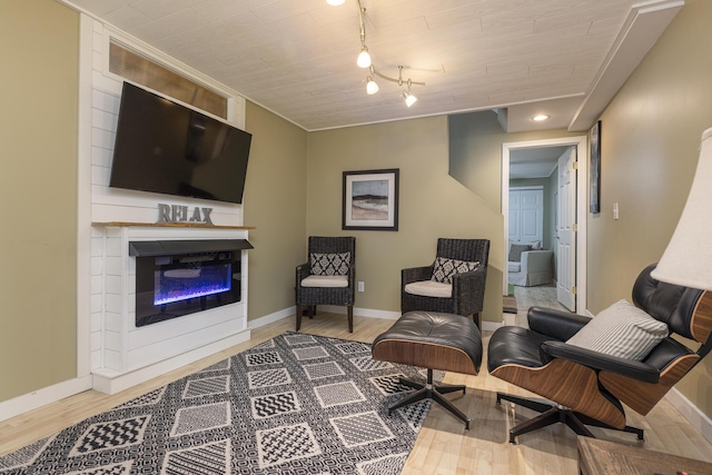 living area featuring a glass covered fireplace, rail lighting, baseboards, and wood finished floors