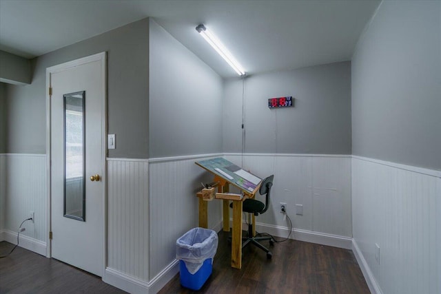 office area featuring wood finished floors and wainscoting