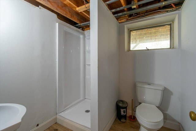 full bathroom featuring a shower stall, toilet, baseboards, and a sink