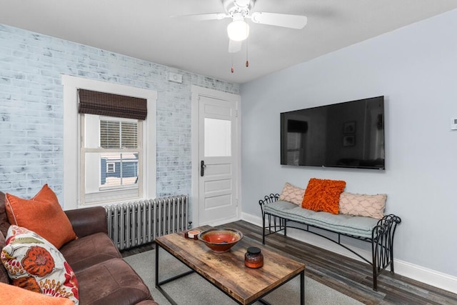 living area with baseboards, radiator, wood finished floors, and a ceiling fan