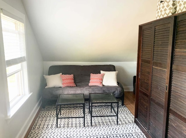 living area with baseboards, lofted ceiling, a healthy amount of sunlight, and wood finished floors