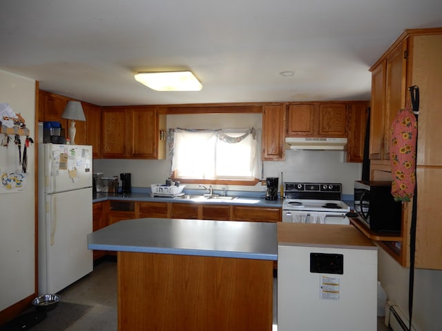 kitchen with freestanding refrigerator, range with electric cooktop, under cabinet range hood, black microwave, and a baseboard heating unit