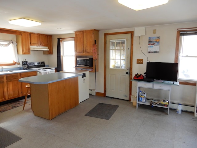 kitchen with stainless steel microwave, light floors, under cabinet range hood, and electric range oven