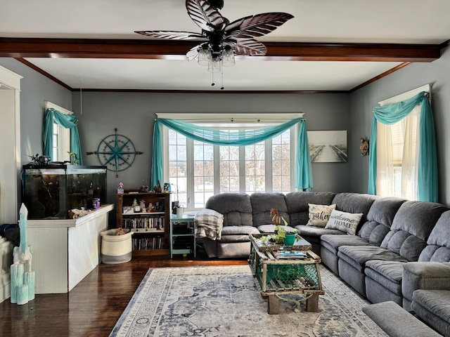 living area with ornamental molding, beam ceiling, plenty of natural light, and wood finished floors