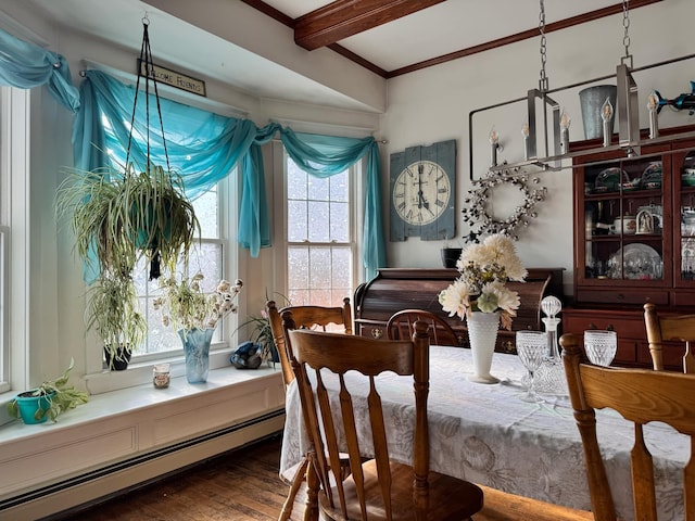 dining room featuring ornamental molding, beam ceiling, baseboard heating, and wood finished floors