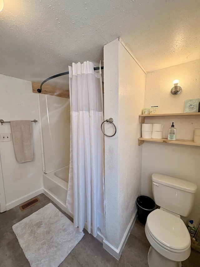 full bath with visible vents, baseboards, toilet, a textured ceiling, and shower / bathtub combination with curtain