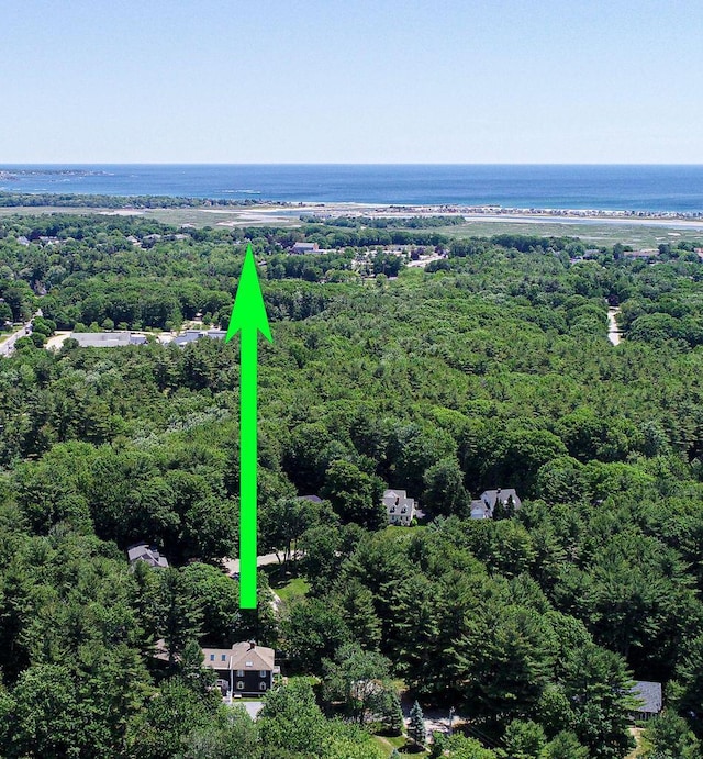 birds eye view of property featuring a water view and a wooded view