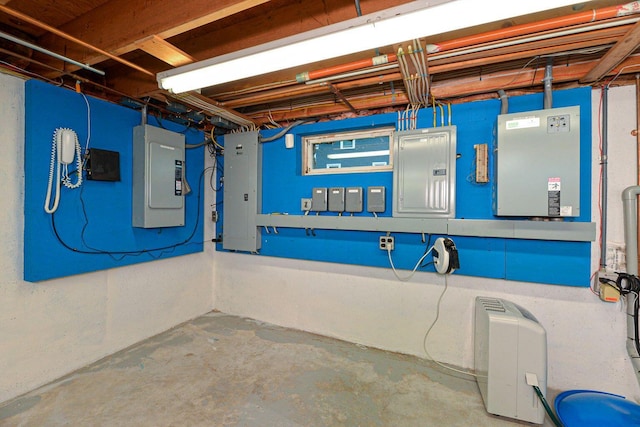 unfinished basement featuring electric panel