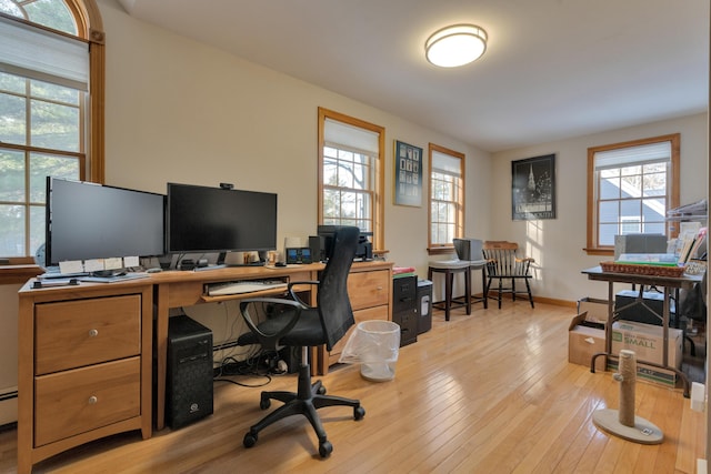 office area featuring light wood-style floors and baseboards