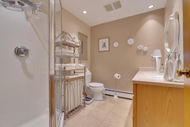 bathroom featuring vanity, visible vents, a baseboard radiator, a shower stall, and toilet