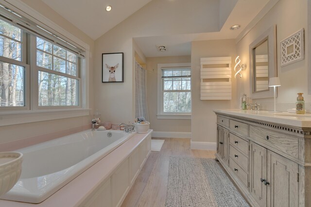 full bath with baseboards, a garden tub, vaulted ceiling, wood finished floors, and vanity