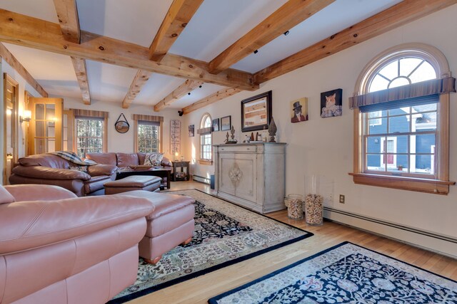 living area with a baseboard radiator, beam ceiling, baseboard heating, and wood finished floors