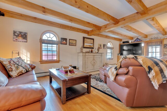 living room featuring a wealth of natural light, baseboard heating, beamed ceiling, and wood finished floors