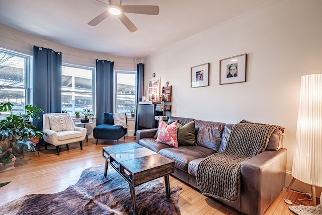 living room with hardwood / wood-style floors and ceiling fan