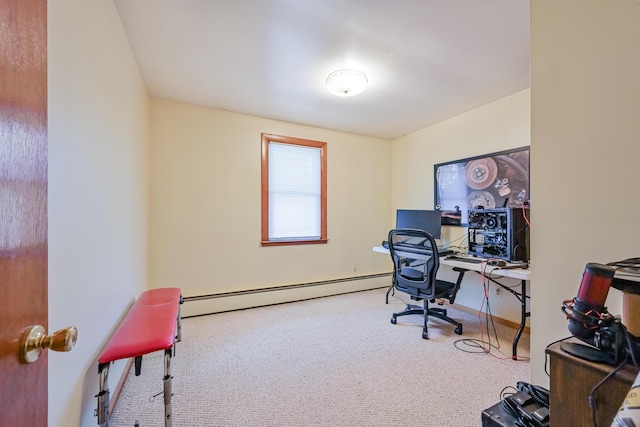 carpeted office featuring a baseboard radiator