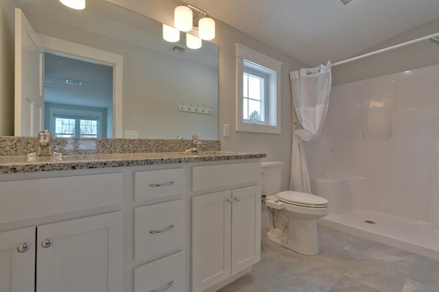 bathroom featuring visible vents, toilet, a healthy amount of sunlight, and a stall shower