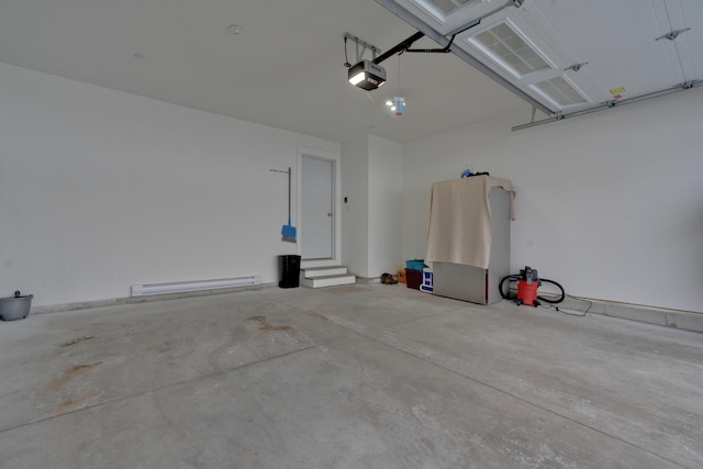 garage with baseboard heating and a garage door opener