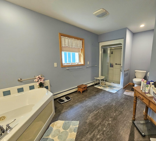 bathroom featuring visible vents, toilet, a stall shower, wood finished floors, and a bath