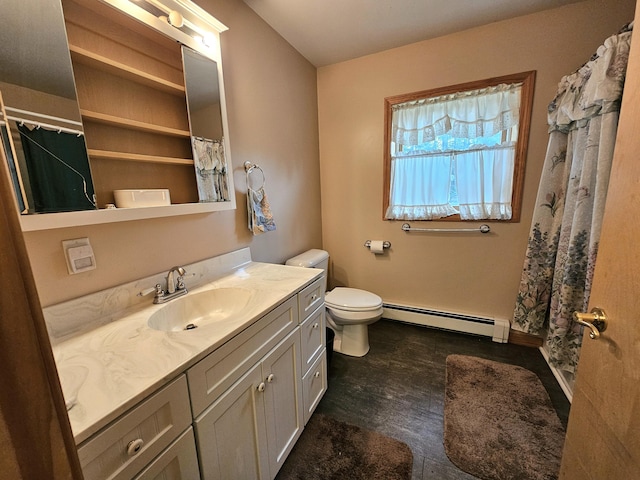 bathroom with toilet, curtained shower, vanity, and a baseboard heating unit