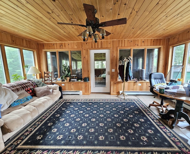 interior space with tile patterned floors, wooden walls, wooden ceiling, and a baseboard radiator