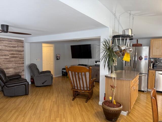 kitchen featuring open floor plan, light wood-style flooring, appliances with stainless steel finishes, and a ceiling fan