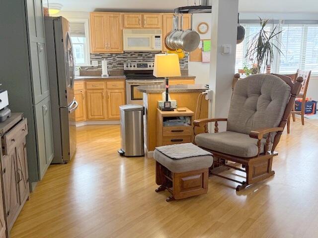 kitchen featuring a wealth of natural light, light wood-type flooring, appliances with stainless steel finishes, and light brown cabinetry