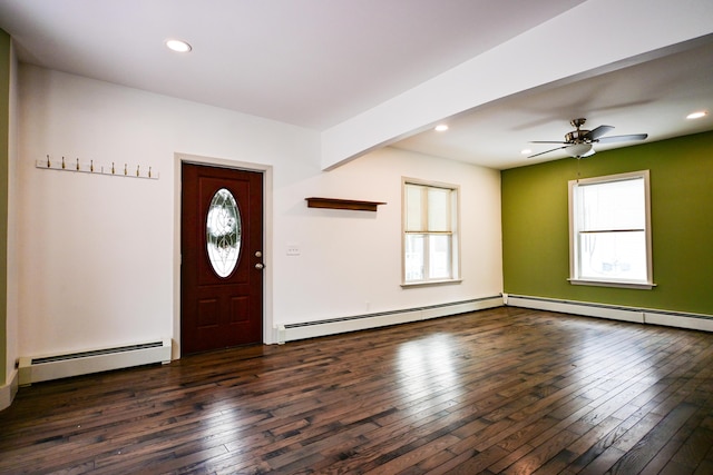 entryway featuring recessed lighting, hardwood / wood-style flooring, and a baseboard radiator