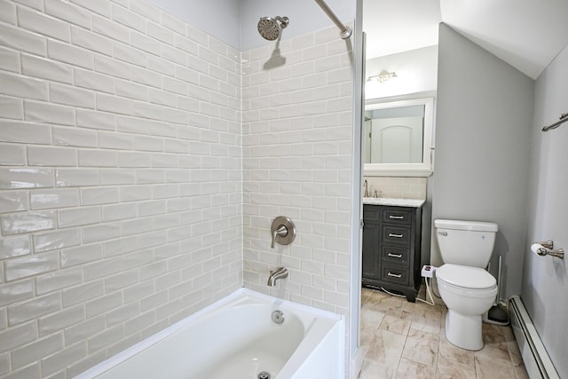 full bathroom with tub / shower combination, a baseboard heating unit, toilet, marble finish floor, and vanity