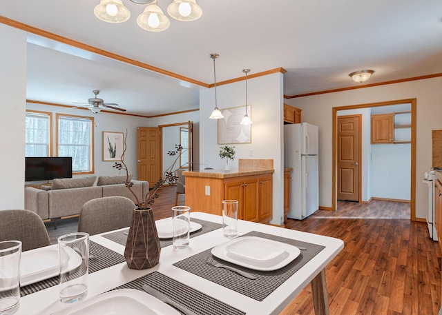 dining room with a ceiling fan, baseboards, dark wood-type flooring, and crown molding