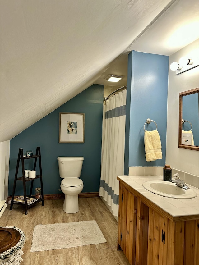 286 Lexington Rd, Kingfield, ME 04947 - full bathroom featuring wood finished floors, vanity, toilet, vaulted ceiling, and a shower with curtain
