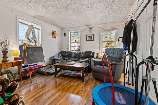 living room with a textured ceiling and wood finished floors