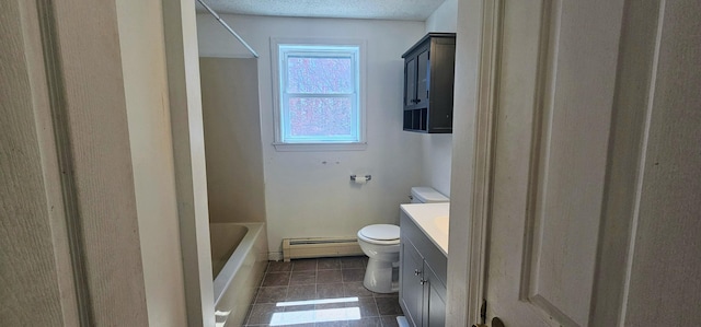 8 Cornerbrook Cir, Windham, ME 04062 - bathroom featuring vanity, toilet, baseboard heating, a textured ceiling, and tile patterned floors