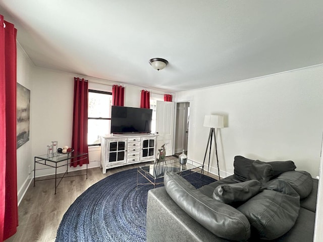 living area with baseboards and wood finished floors