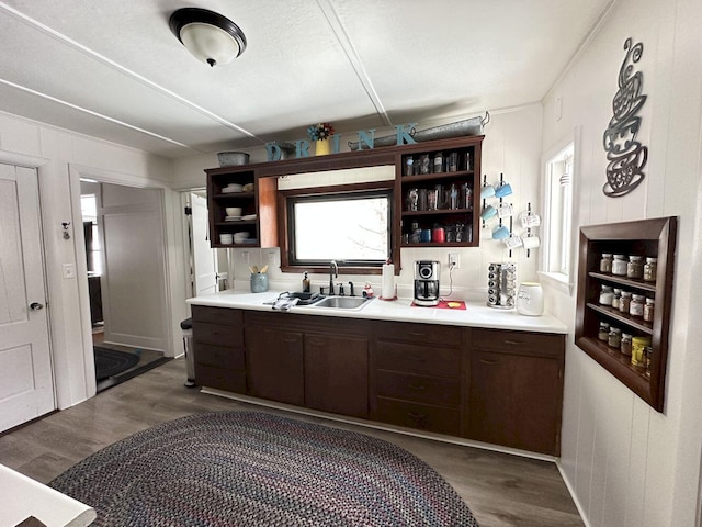 kitchen with open shelves, a sink, dark wood finished floors, light countertops, and dark brown cabinets