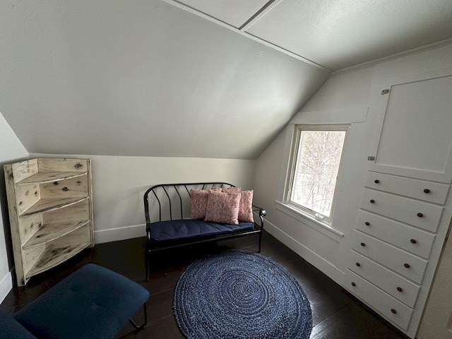 bedroom with baseboards and vaulted ceiling