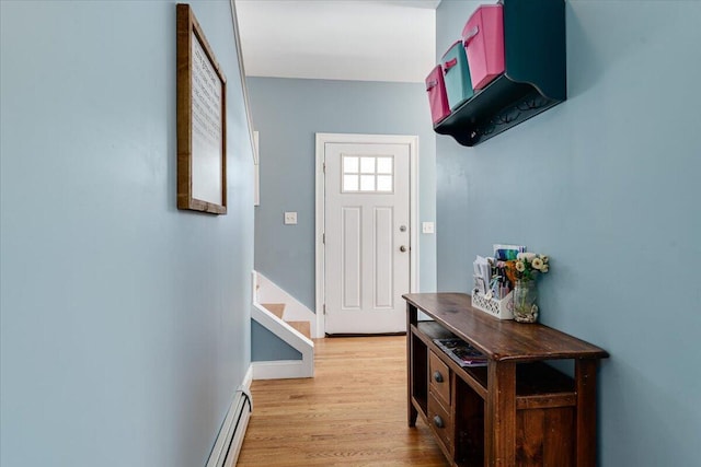 doorway to outside with stairs and light wood-type flooring