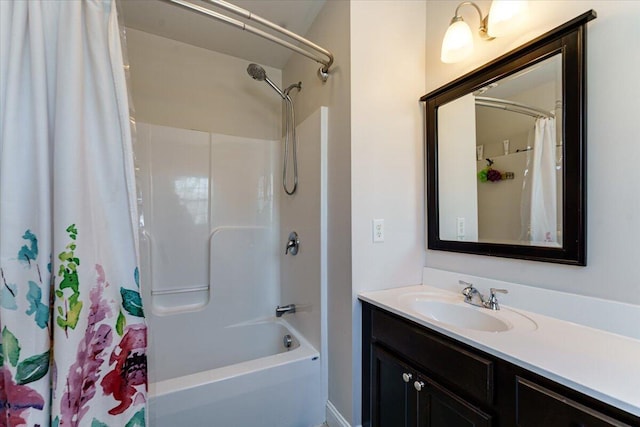 bathroom with vanity and shower / tub combo with curtain