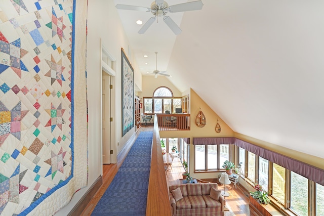 189 Mills Rd, Kennebunkport, ME 04046 - hallway with baseboards, recessed lighting, wood finished floors, and vaulted ceiling