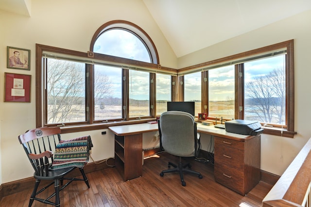 189 Mills Rd, Kennebunkport, ME 04046 - home office with dark wood-style floors, high vaulted ceiling, and baseboards