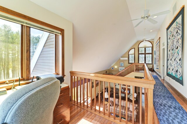 189 Mills Rd, Kennebunkport, ME 04046 - hall featuring recessed lighting, an upstairs landing, hardwood / wood-style flooring, visible vents, and lofted ceiling