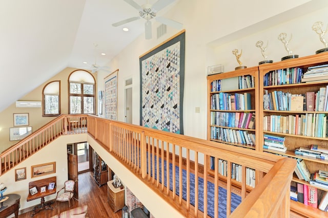189 Mills Rd, Kennebunkport, ME 04046 - interior space featuring recessed lighting, wood finished floors, an upstairs landing, visible vents, and lofted ceiling