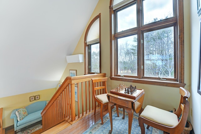 189 Mills Rd, Kennebunkport, ME 04046 - sitting room featuring an upstairs landing, light wood-type flooring, and lofted ceiling