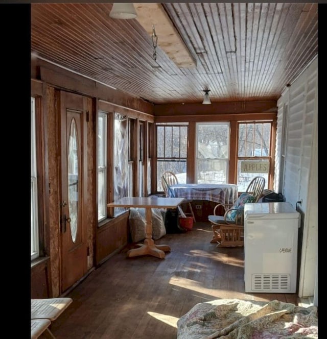 sunroom / solarium featuring plenty of natural light and wooden ceiling