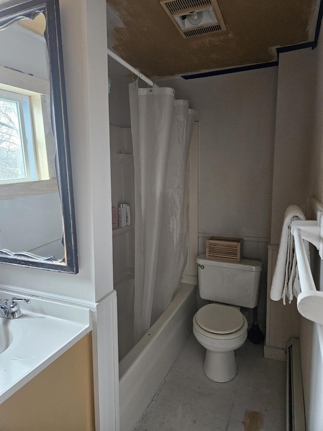 bathroom featuring vanity, visible vents, a baseboard radiator, shower / bath combo with shower curtain, and toilet